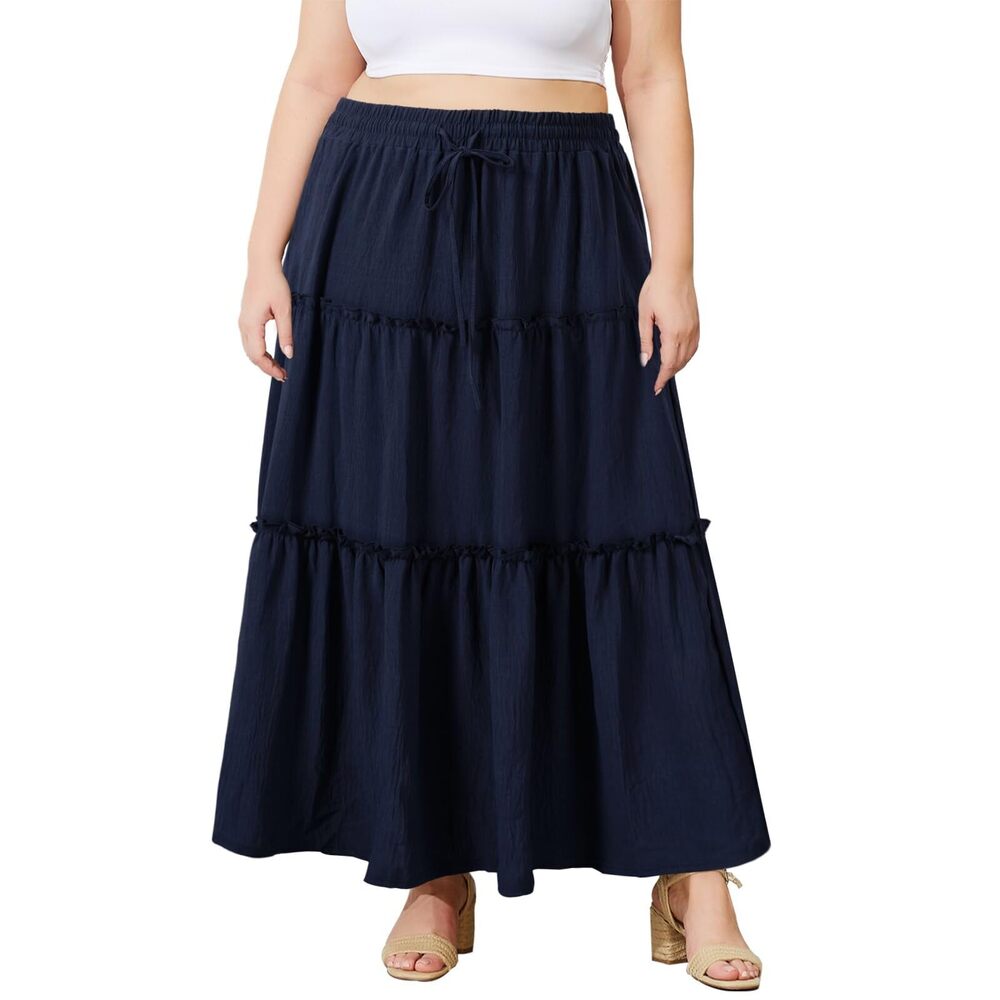 6980 Plus Size Maxi Skirt High Waisted Pleated A Line Flowy Tiered Long
